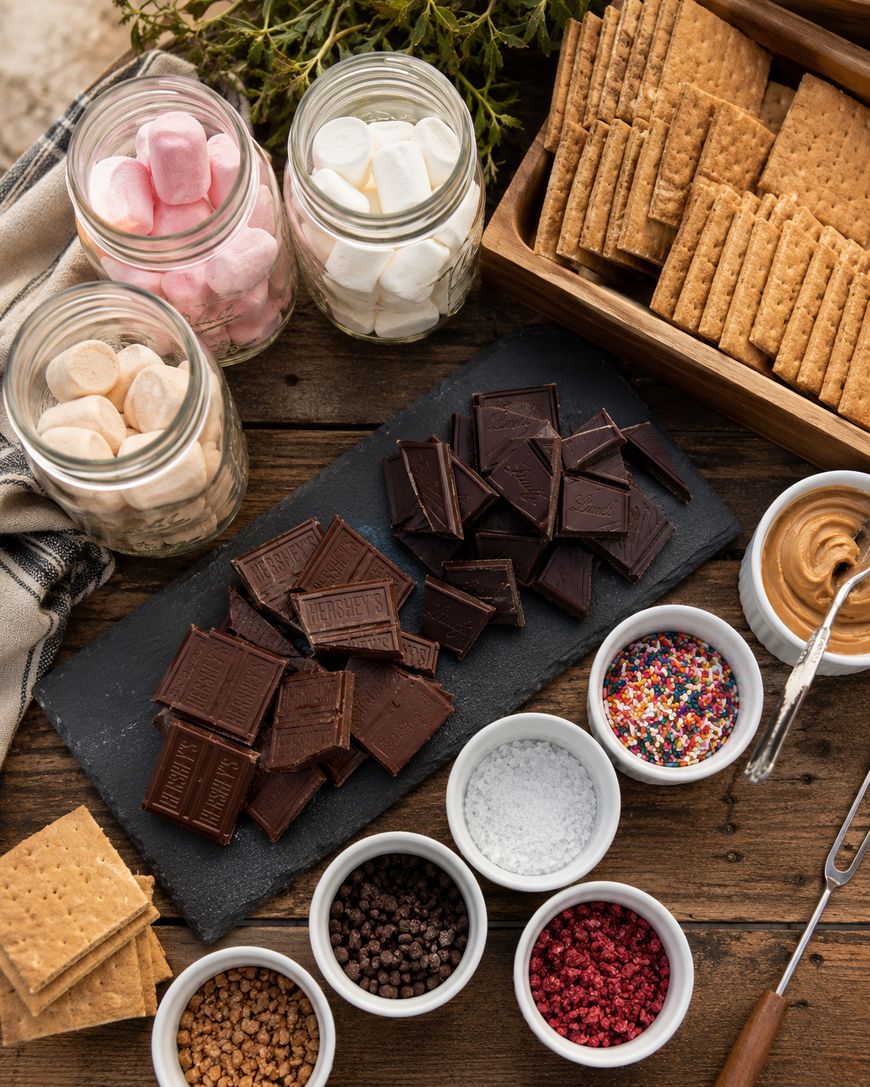 A flat lay of s’mores ingredients: jars of marshmallows, a tray of graham crackers, a slate with chocolate pieces, bowls of peanut butter, sprinkles, salt, chocolate chips, toffee bits, and freeze-dried berries on a wooden table.