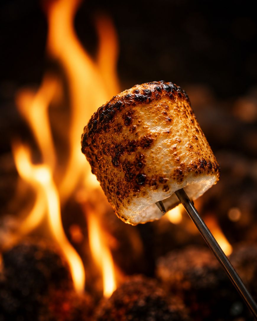 A close-up of a golden-brown toasted marshmallow on a stick, held over an open campfire with visible flames in the background.