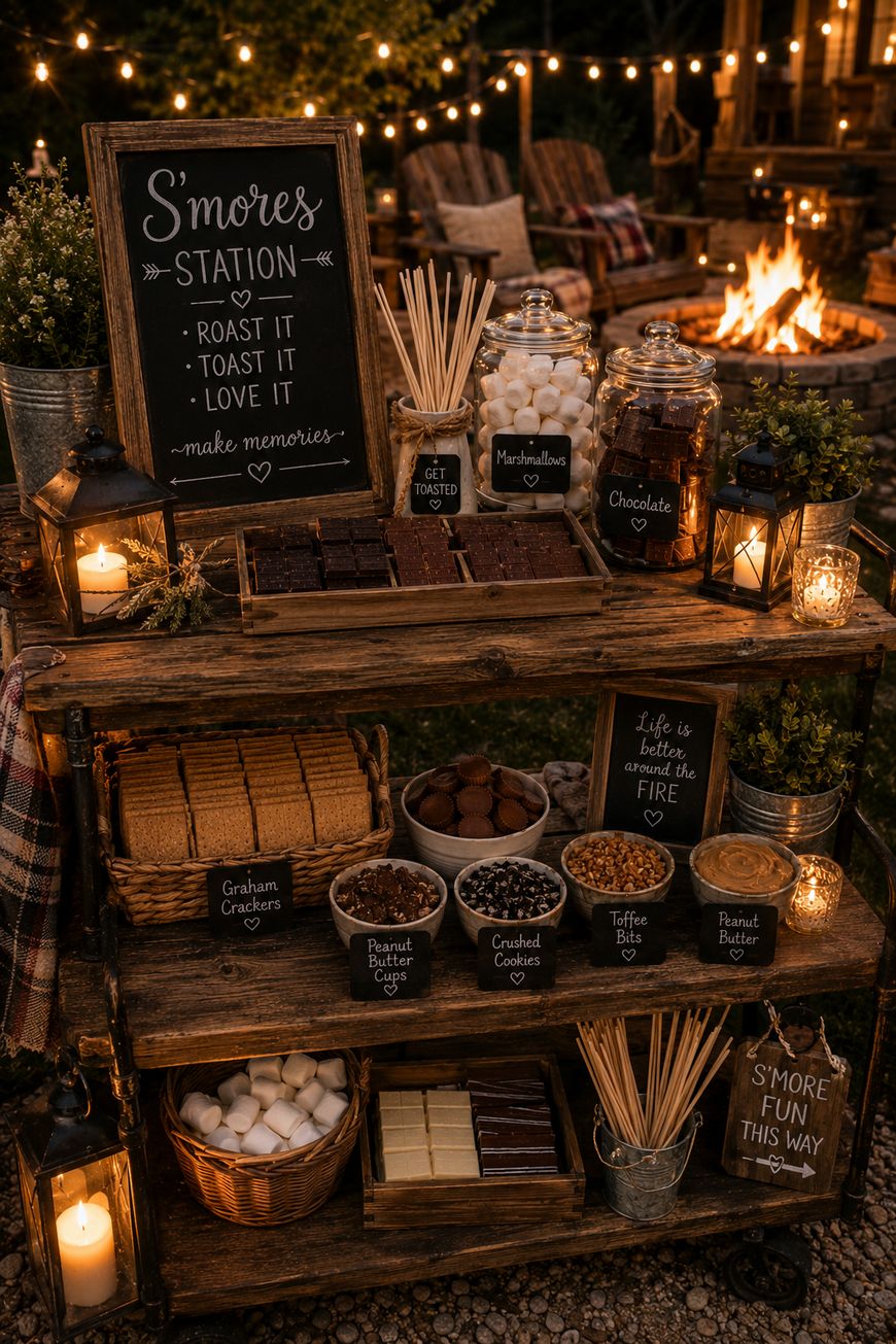 A rustic outdoor s’mores station at night, with shelves holding jars of marshmallows, chocolate, graham crackers, and toppings. String lights and a fire pit glow in the background, creating a cozy, inviting atmosphere.