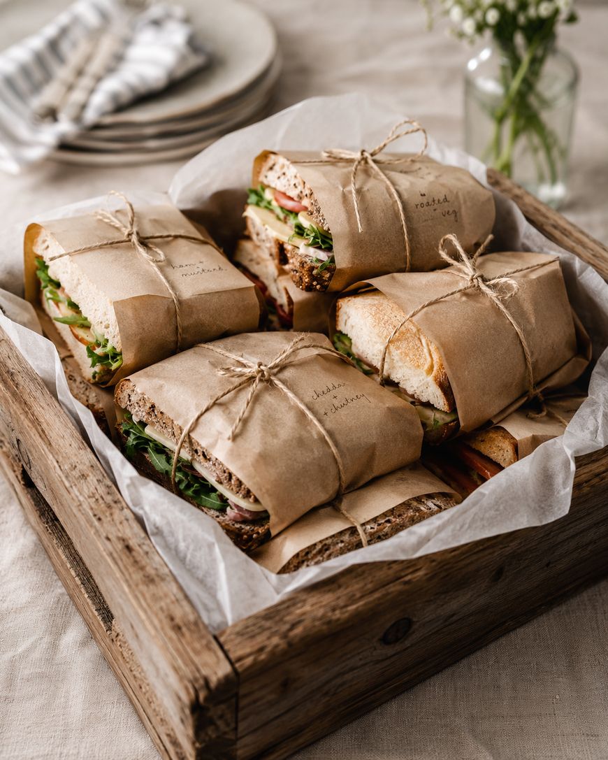 A wooden tray lined with parchment paper holds four sandwiches wrapped in brown paper and tied with string, filled with greens, sliced meat, and cheese. Plates and a vase with flowers are in the background.