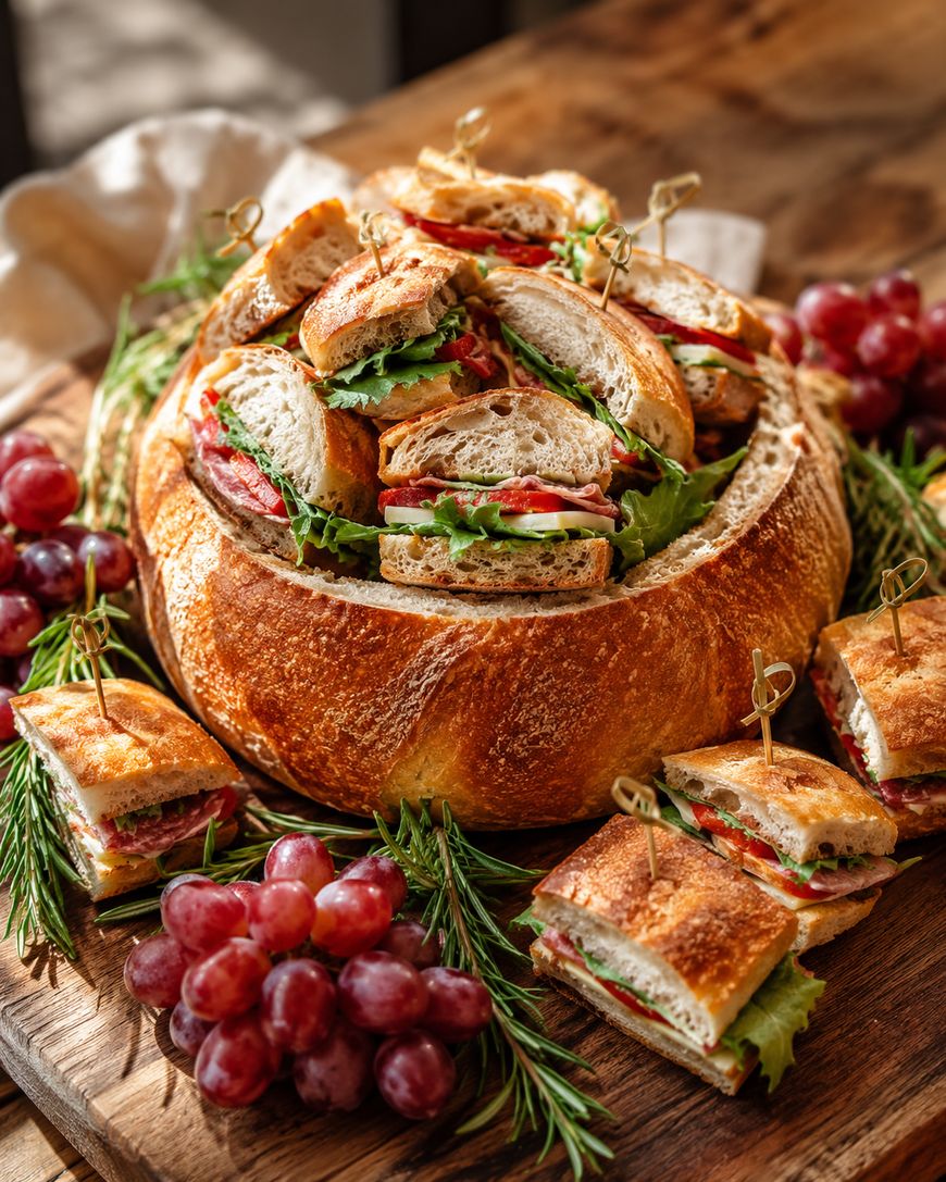 A round loaf of bread is hollowed out and filled with mini sandwiches, surrounded by fresh rosemary sprigs and bunches of red grapes on a wooden board.