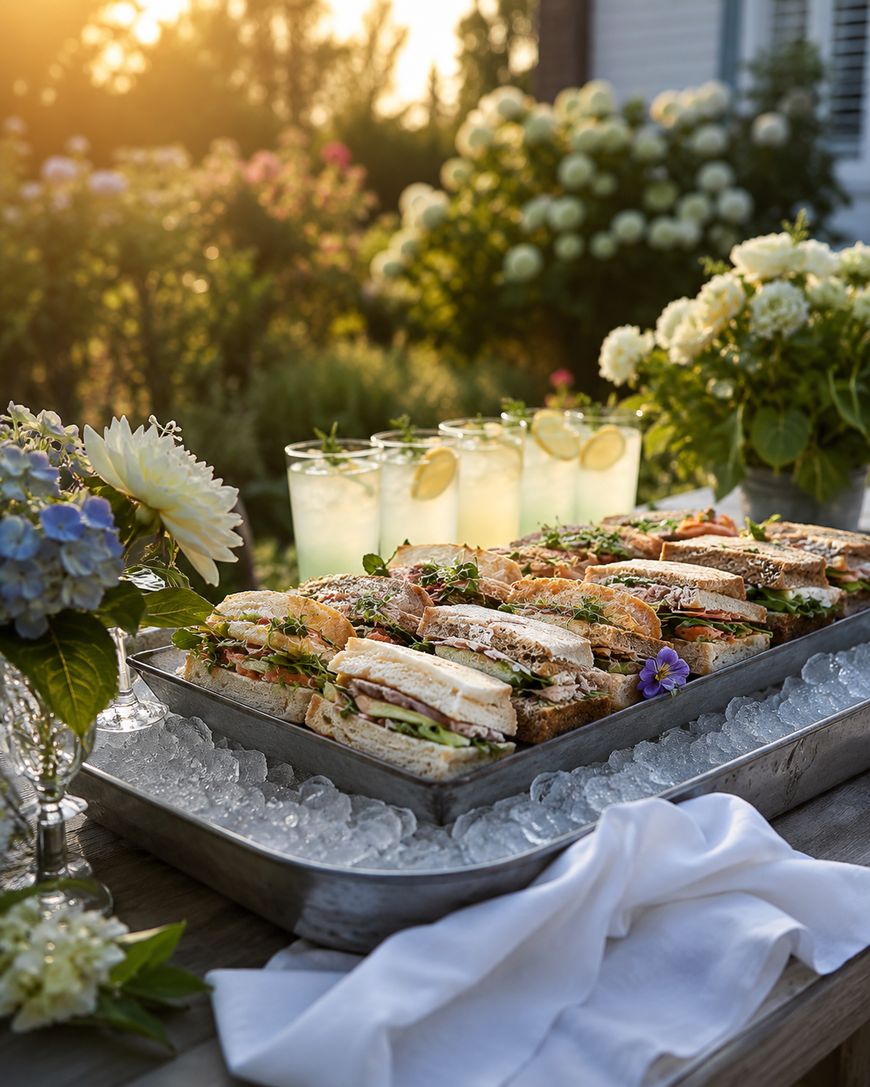 A tray of assorted sandwiches garnished with herbs sits on ice beside glasses of lemonade with lemon slices, surrounded by white and blue flowers on an outdoor table at sunset.