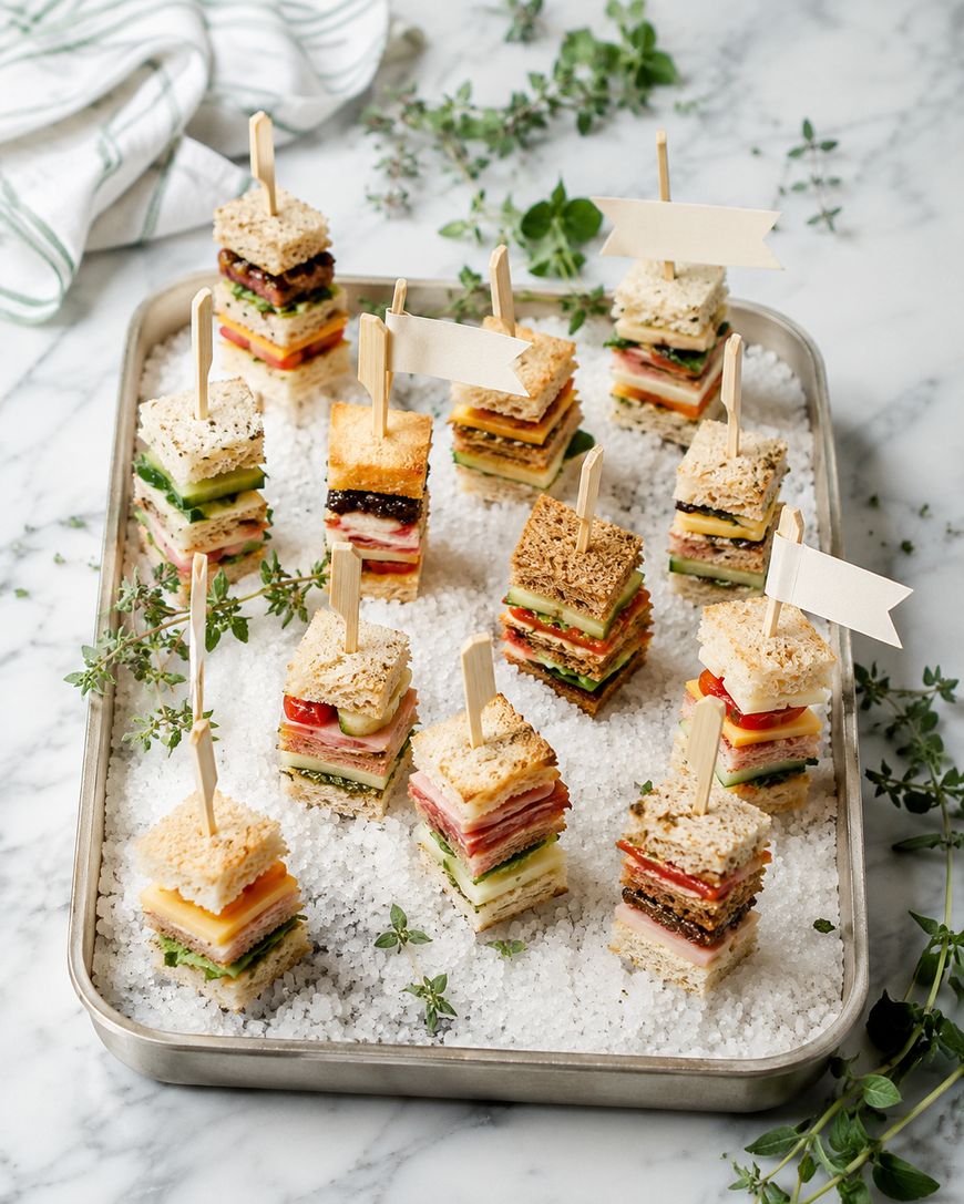 A tray of colorful mini sandwich stacks on wooden picks, arranged upright on a bed of coarse salt and garnished with fresh herbs on a marble surface. Some picks have small decorative flags.