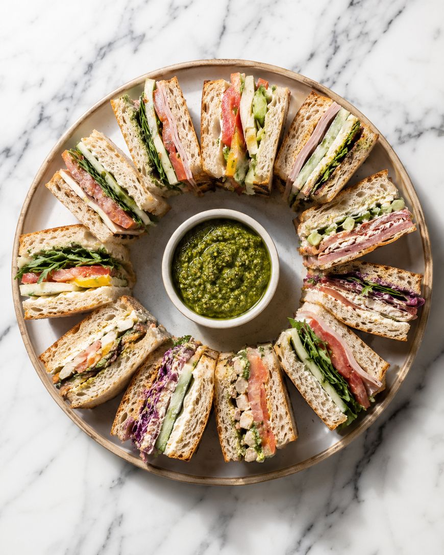 A round plate of assorted sandwich halves arranged in a circle around a bowl of green pesto sauce, displayed on a marble surface. Each sandwich contains various fillings such as meats, vegetables, and greens.