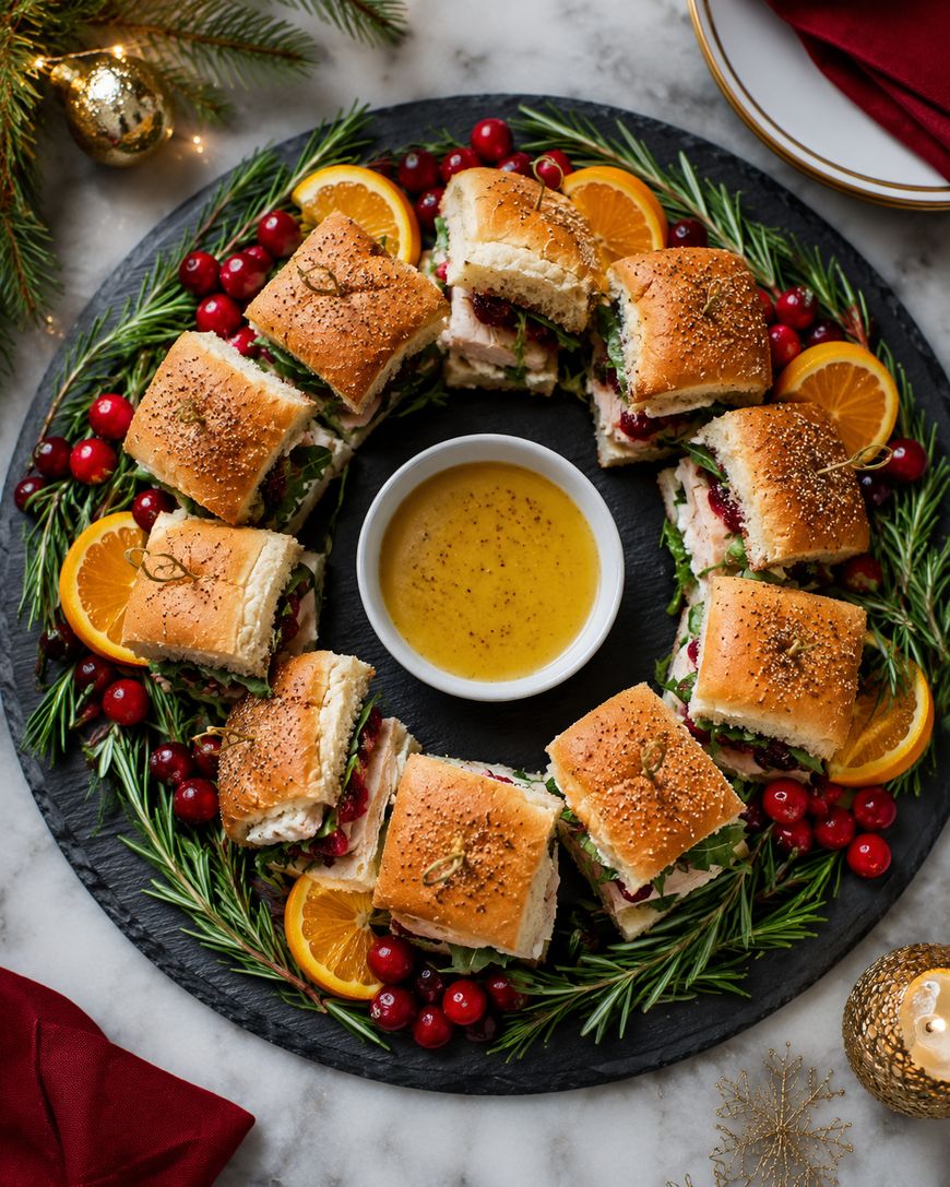 A festive platter of mini sandwiches arranged in a circle with rosemary, cranberries, and orange slices, surrounding a small bowl of dipping sauce in the center. Holiday decorations and greenery are visible around the platter.