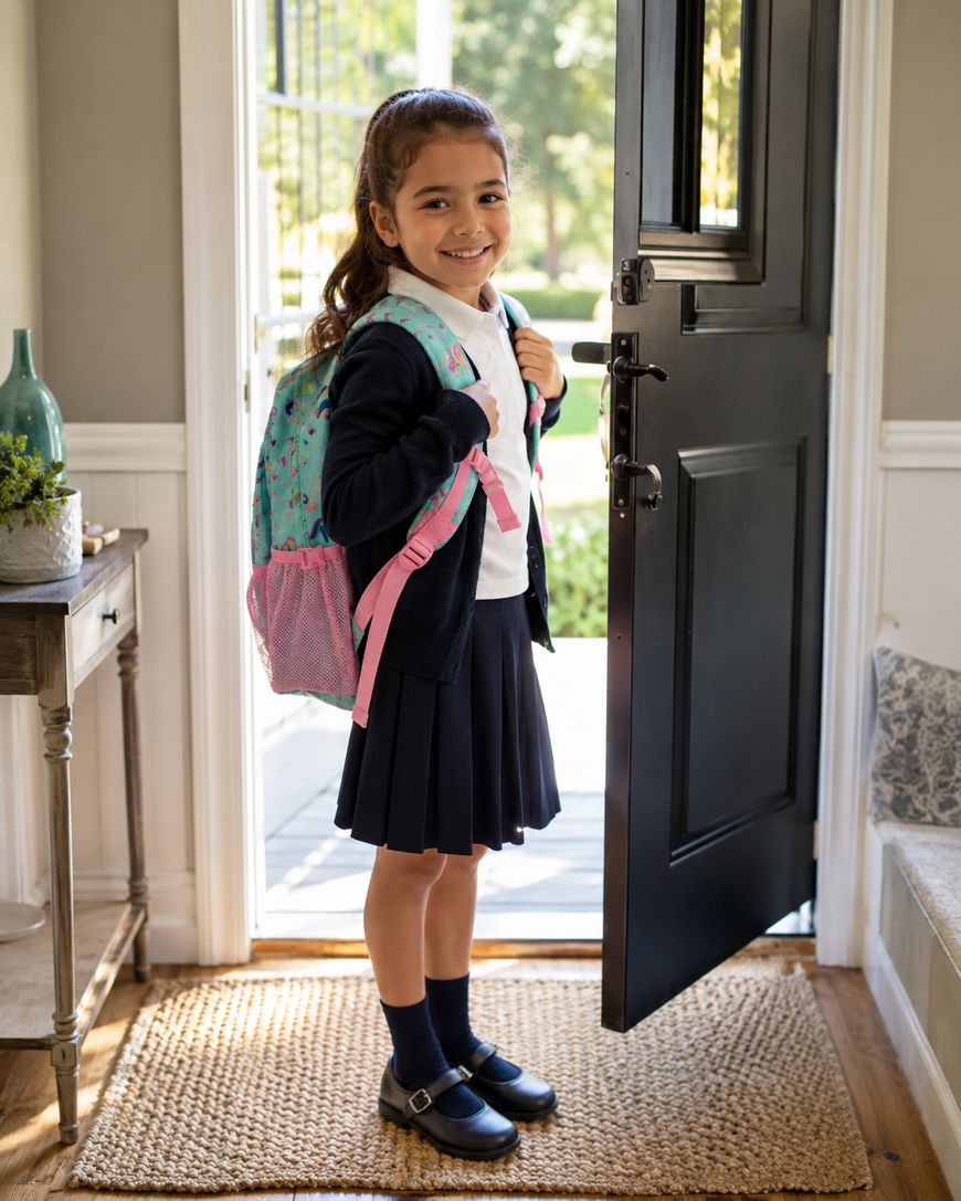 A young girl in a school uniform stands smiling by an open front door, wearing a backpack and black shoes, ready to leave for school. Sunlight shines through the door into the tidy entryway.