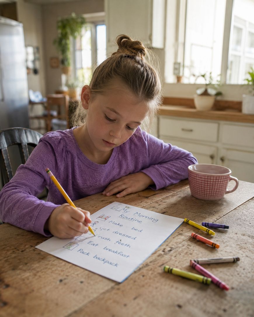 A young girl with light brown hair, wearing a purple long-sleeve shirt, sits at a wooden table writing a morning routine list on paper with colored crayons and a pencil. A pink mug and more crayons are on the table.