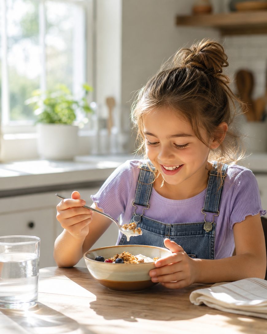 A young girl in overalls and a purple shirt smiles while eating a bowl of cereal with fruit at a sunlit kitchen table, with a glass of water and a napkin beside her.
