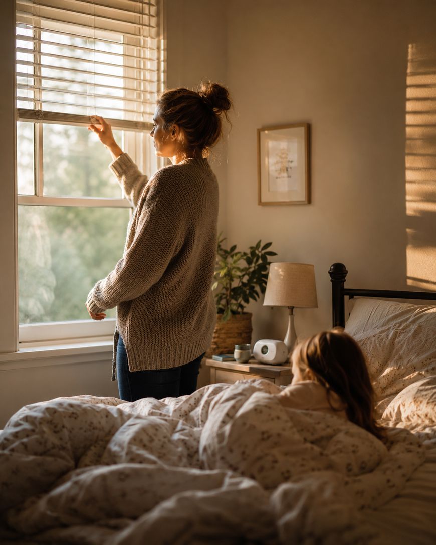A woman opens window blinds in a sunlit bedroom while a child lies in bed under a patterned blanket. Soft morning light fills the cozy room, which features a lamp, potted plant, and framed art on the wall.