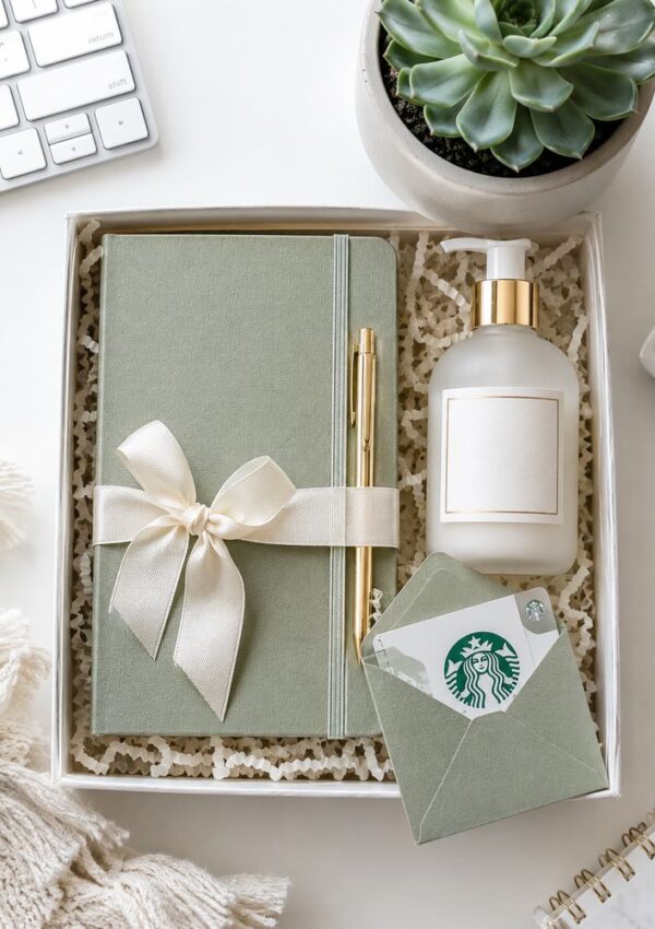 A thoughtful gift box featuring a green notebook with a cream ribbon, gold pen, white pump bottle, and Starbucks gift card—perfect Secret Sister Gift Ideas, beautifully arranged beside a succulent plant and part of a keyboard.