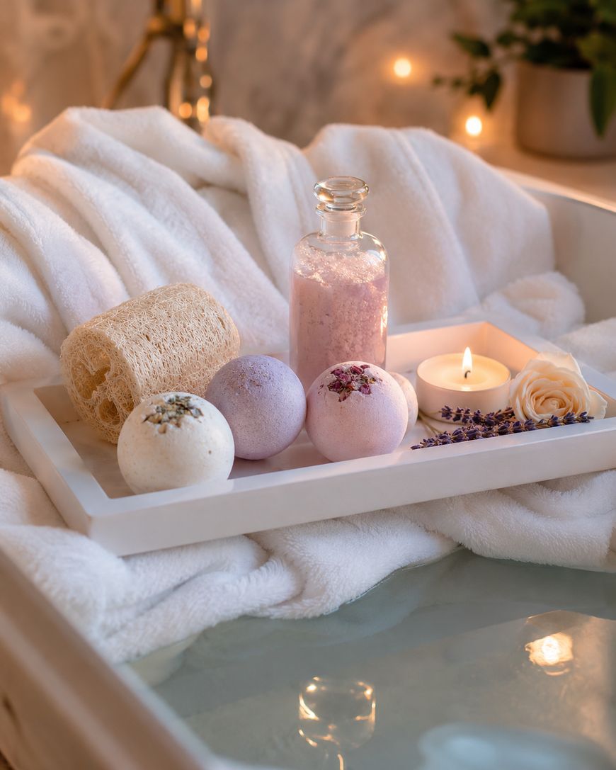 A white tray with bath bombs, a loofah, a glass bottle of bath salts, a lit tealight candle, a rose, and lavender sprigs rests on a fluffy white towel by a bathtub filled with water.