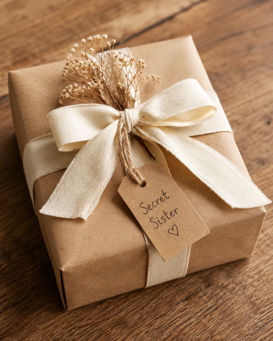 A gift wrapped in brown paper and a cream ribbon, decorated with dried flowers. A tag attached reads Secret Sister with a small heart drawn below. The package rests on a wooden surface.