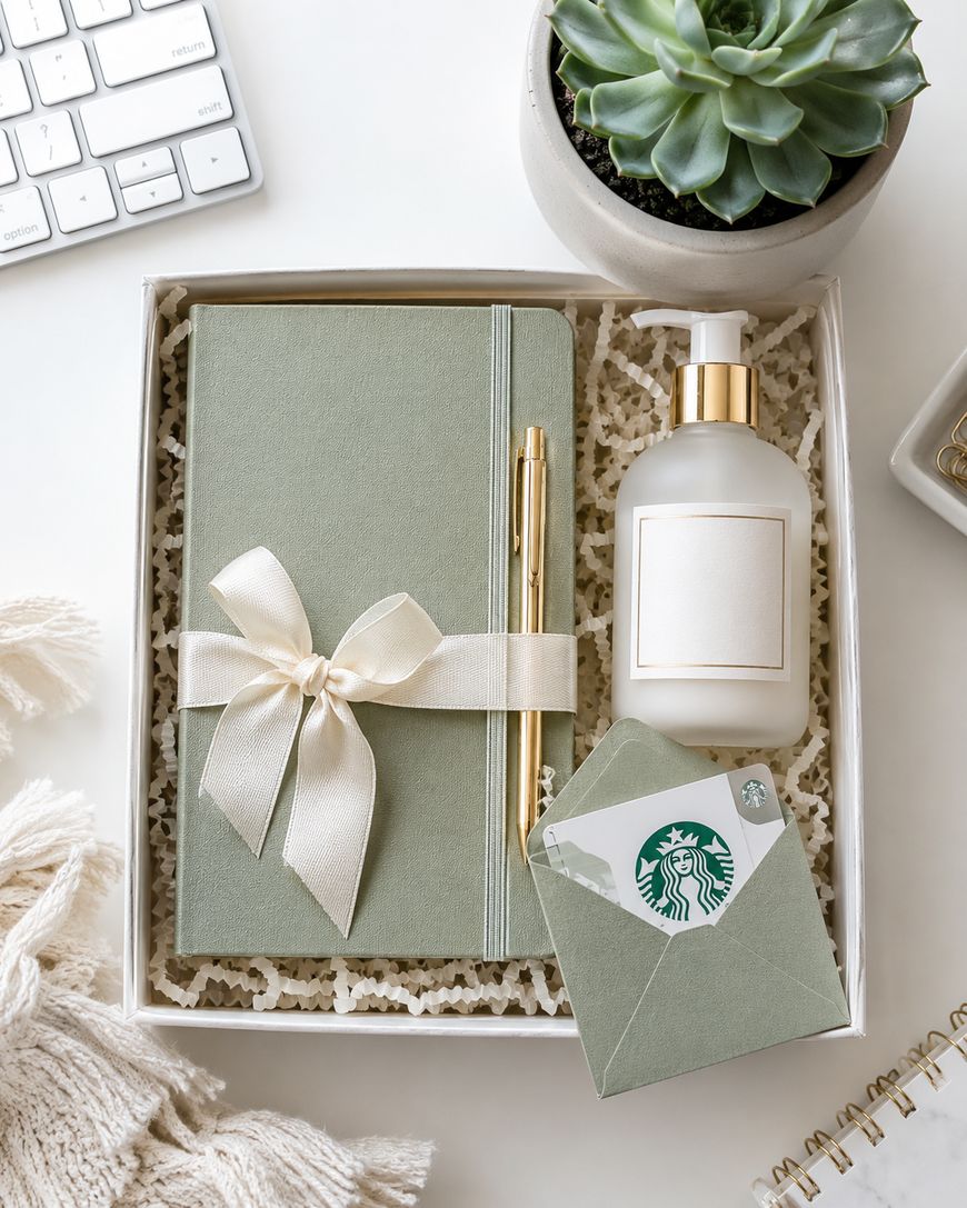 A gift box containing a green notebook with a cream ribbon, a gold pen, a white pump bottle, a Starbucks gift card, and decorative shredded paper. Nearby are a plant, a keyboard, and part of a cozy blanket.