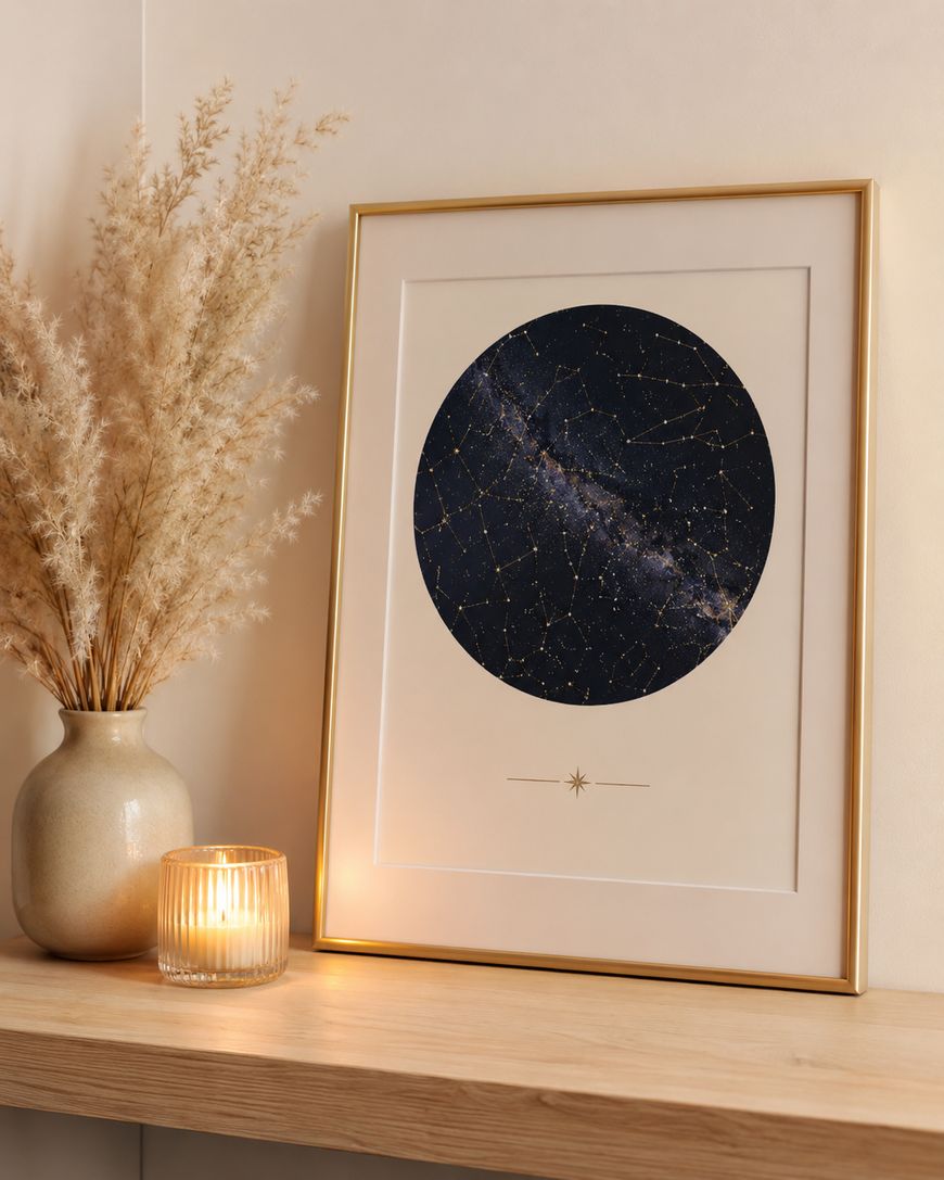A framed star map print with a gold frame sits on a wooden shelf next to a beige vase of dried pampas grass and a lit ribbed glass candle. The star map features constellations in a dark circular design.