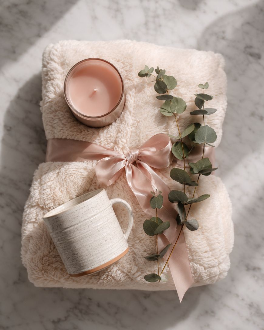 A soft beige blanket tied with a pink satin ribbon, topped with a pink candle, a sprig of eucalyptus, and a white ceramic mug, arranged on a marble surface.