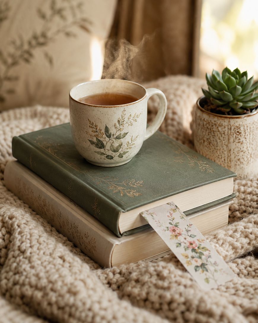 A steaming cup of tea sits on two stacked books with green covers, beside a small potted succulent on a knitted beige blanket. A floral bookmark peeks out from one of the books. Cozy, warm atmosphere.