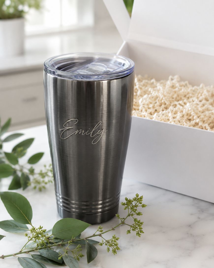 A stainless steel tumbler with a clear lid and the name Emily engraved on it sits on a marble countertop near green leaves and an open box filled with packing material.