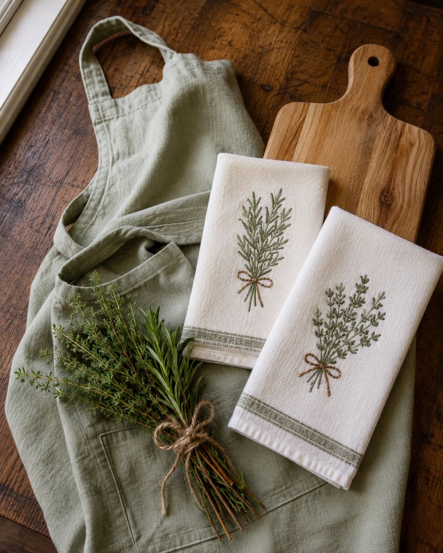 A sage green apron, two embroidered white kitchen towels with herb designs, a wooden cutting board, and a small bundle of fresh herbs tied with twine arranged on a rustic wooden surface.