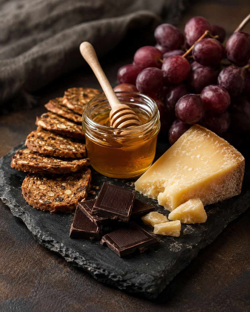 A slate board with seeded crackers, a jar of honey with a dipper, red grapes, chunks of hard cheese, and pieces of dark chocolate arranged neatly.