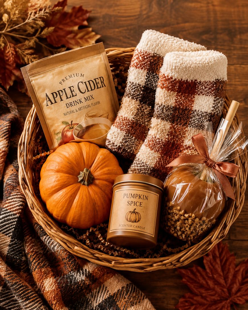 A wicker basket filled with fall items: plaid fuzzy socks, apple cider drink mix, a pumpkin, a pumpkin spice candle, and a caramel apple, all on a plaid blanket with autumn leaves nearby.