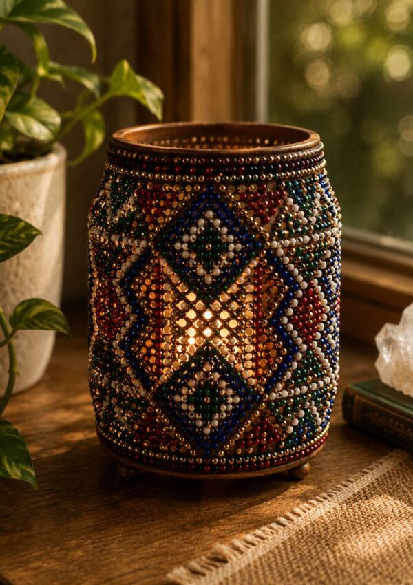 A beaded candle holder with colorful geometric patterns—perfect for seed bead craft ideas—glows warmly on a wooden table near a window, beside a potted plant, a crystal, and a book.