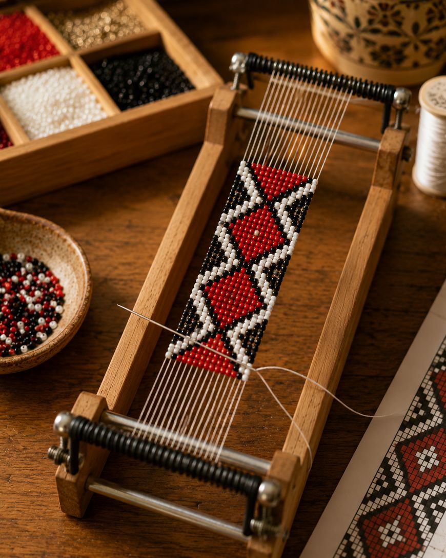 A wooden bead loom holds a beaded strip with a red, black, and white geometric pattern. Nearby are bowls and trays of colored beads, a spool of thread, and a cup, all on a wooden table.