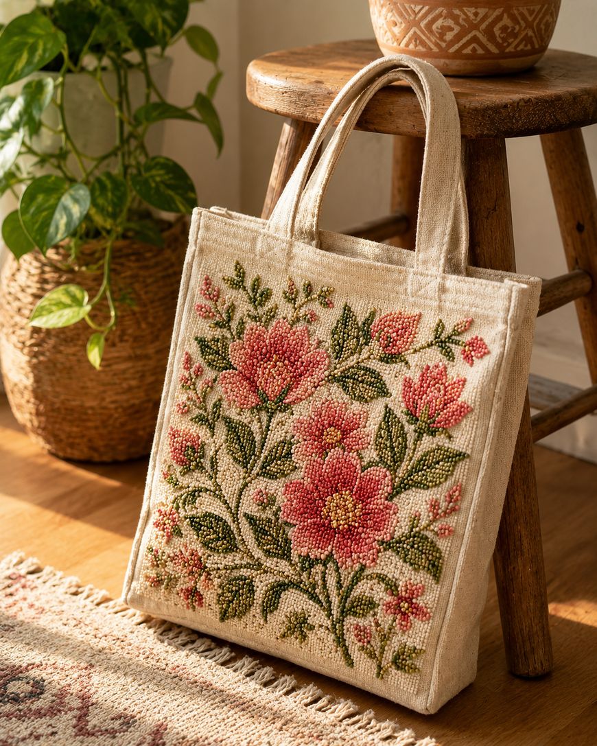 A beige tote bag with embroidered pink flowers and green leaves rests against a wooden stool, with a woven basket holding a leafy plant and a patterned rug nearby in a sunlit room.