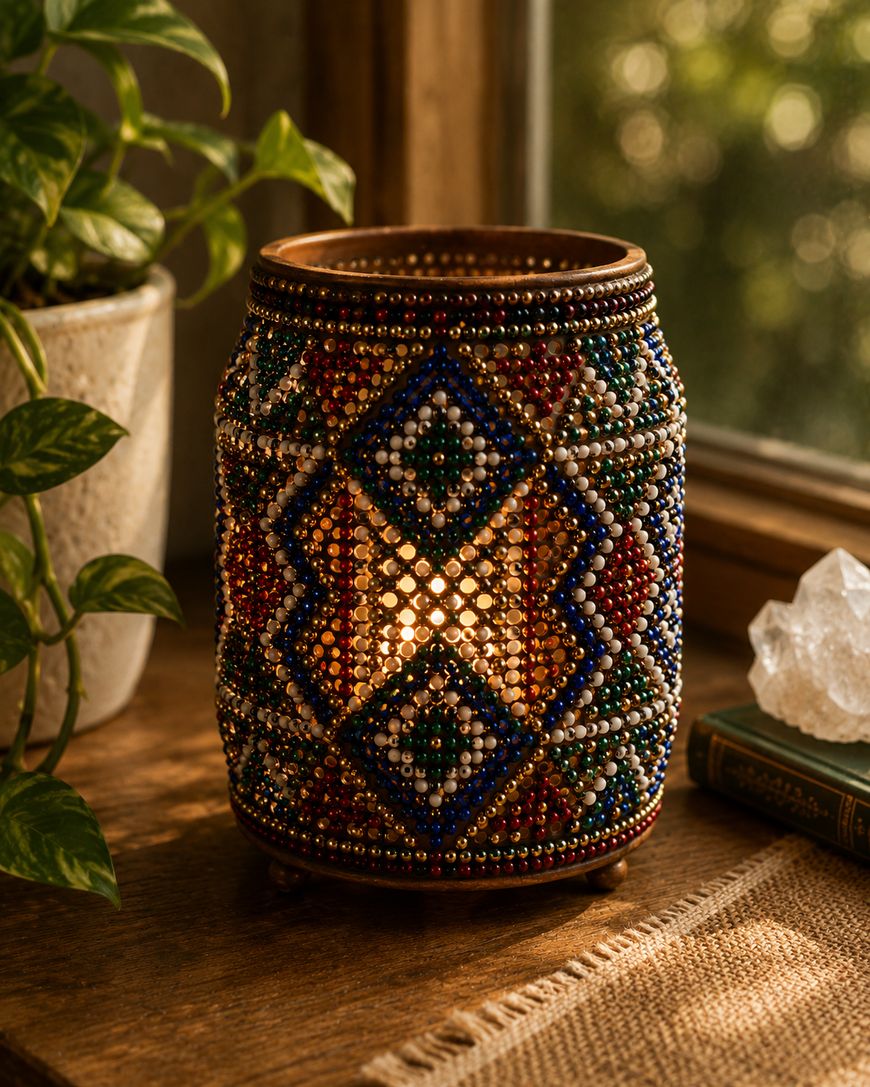 A beaded candle holder with colorful geometric patterns sits on a wooden surface near a window, surrounded by a potted plant, a crystal, and a book. Warm light shines through the beads, creating a cozy ambiance.