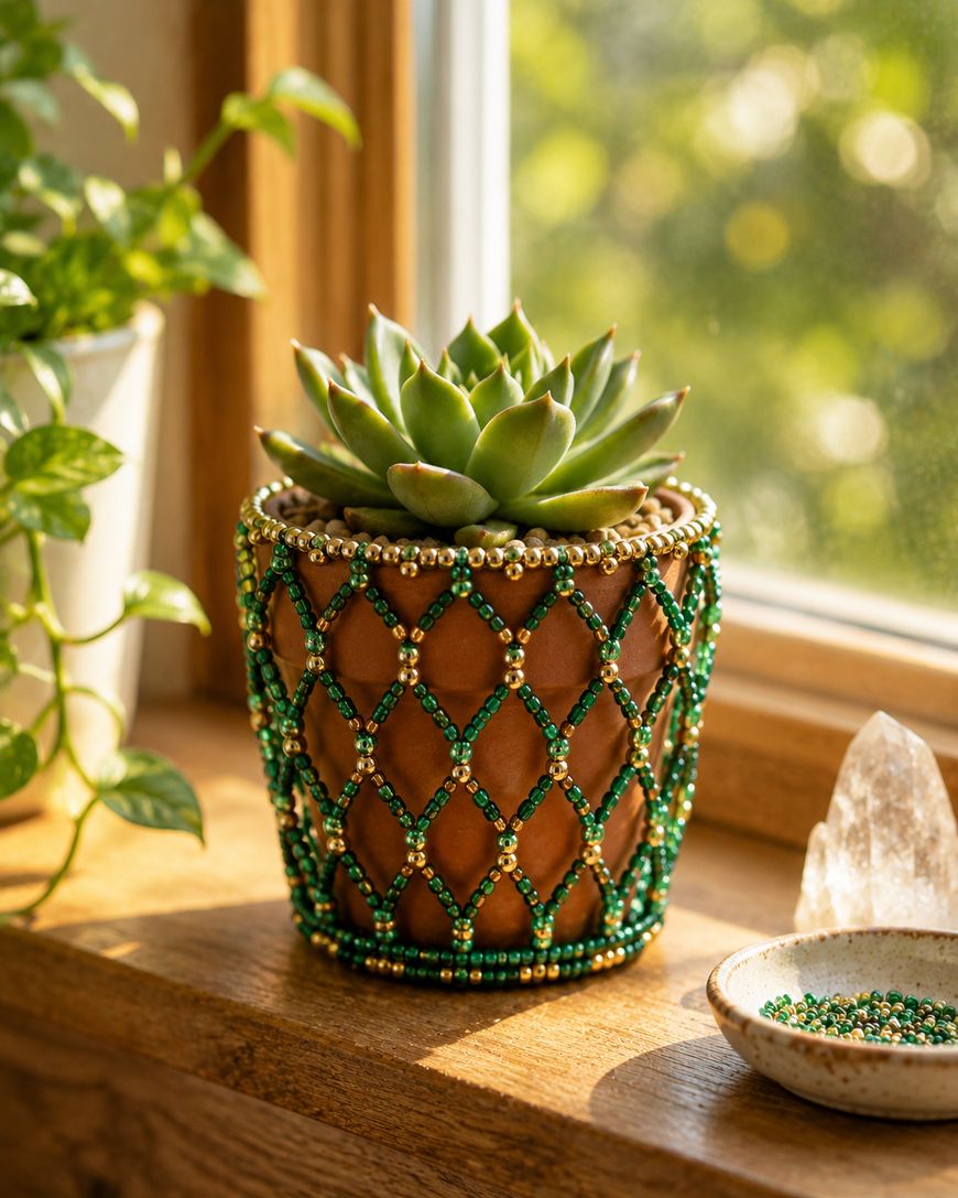 A succulent in a brown pot decorated with gold and green beads sits on a sunny windowsill. Nearby are a leafy plant, a small dish with beads, and a translucent crystal. Sunlight filters through the window.