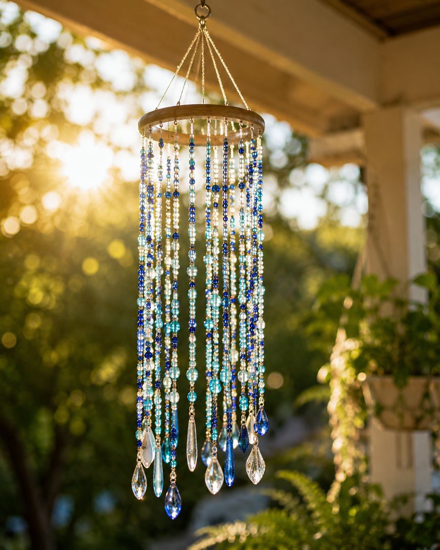 A beaded wind chime with blue and clear crystals hangs on a porch, illuminated by sunlight. Green plants and trees are blurred in the background, creating a bright and peaceful outdoor scene.