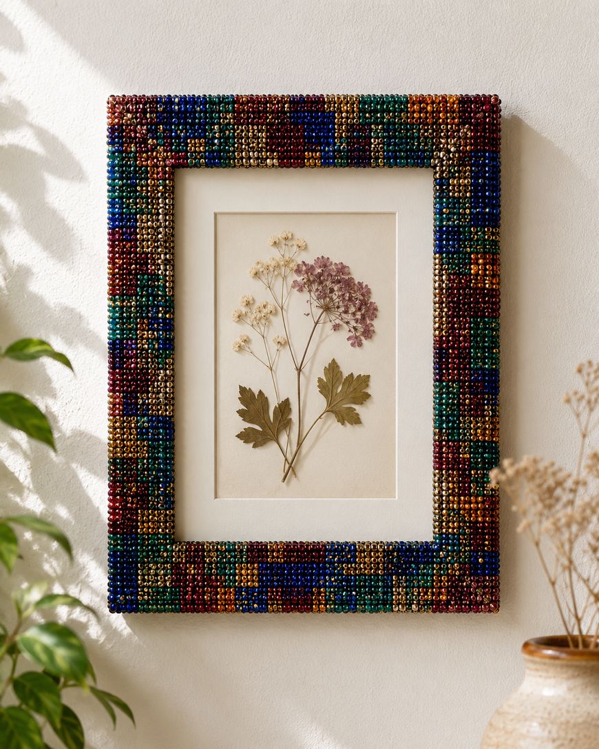 Framed botanical art with pressed flowers in muted colors, surrounded by a beaded multicolored frame, hanging on a beige wall with plants and dried flowers nearby.