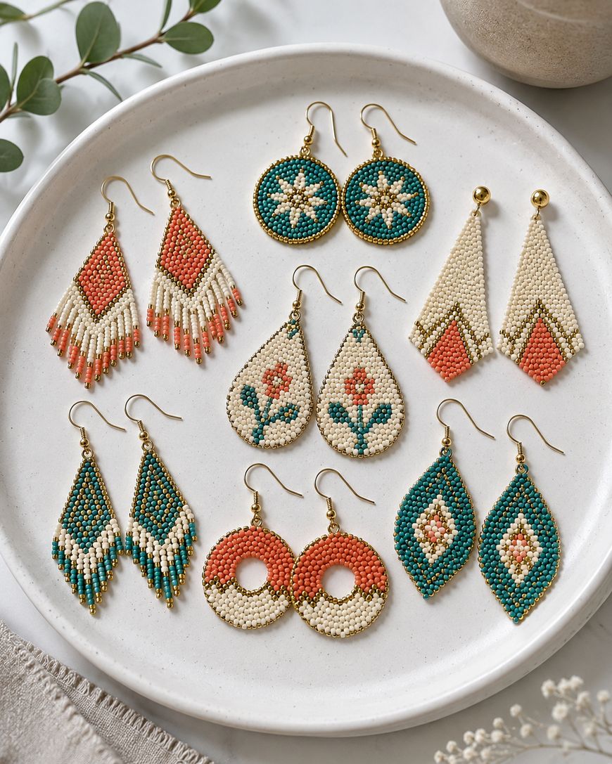 A white plate displays six pairs of colorful beaded earrings in various geometric and floral patterns, with shades of teal, coral, cream, and gold, arranged neatly on a table with greenery nearby.
