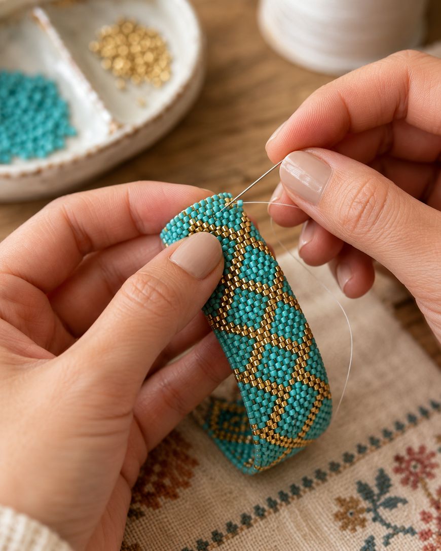 Close-up of hands stitching a beaded bracelet with a geometric turquoise and gold pattern. A needle and thread are being used, and a dish with blue and gold beads is visible in the background.