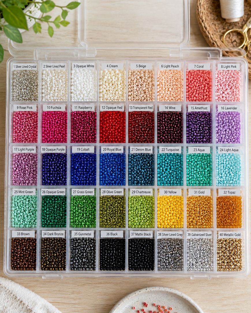 A plastic organizer box with 42 compartments, each filled with small, colorful seed beads labeled by color and number, arranged in a neat grid on a wooden surface with crafting tools nearby.