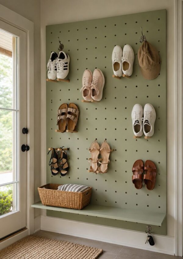 A green pegboard wall in the entryway displays shoes and sandals on pegs, offering clever shoe organization. A hat hangs at the top right, while a green shelf below holds a wicker basket. A glass door lets in natural light.