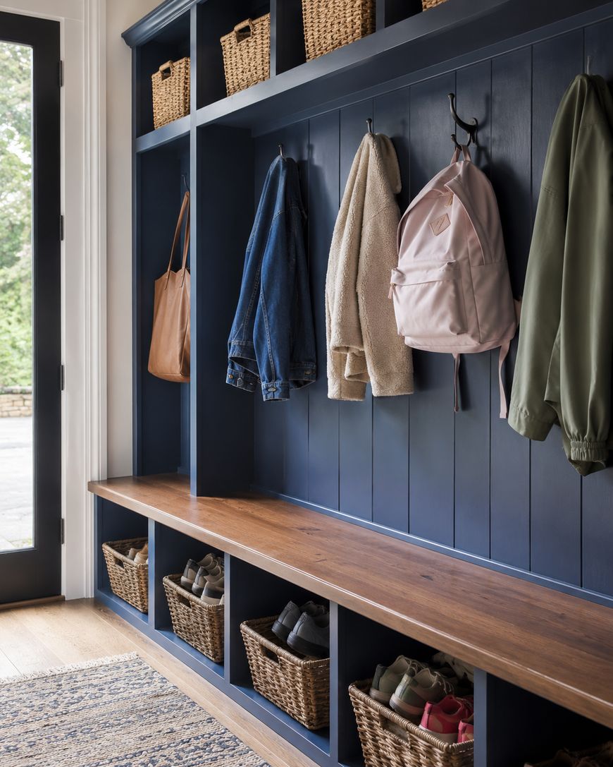 A navy blue mudroom with cubbies, woven baskets, jackets, a backpack, and bags hanging on hooks, plus shoes stored below a wooden bench. Natural light comes in from a door on the left.