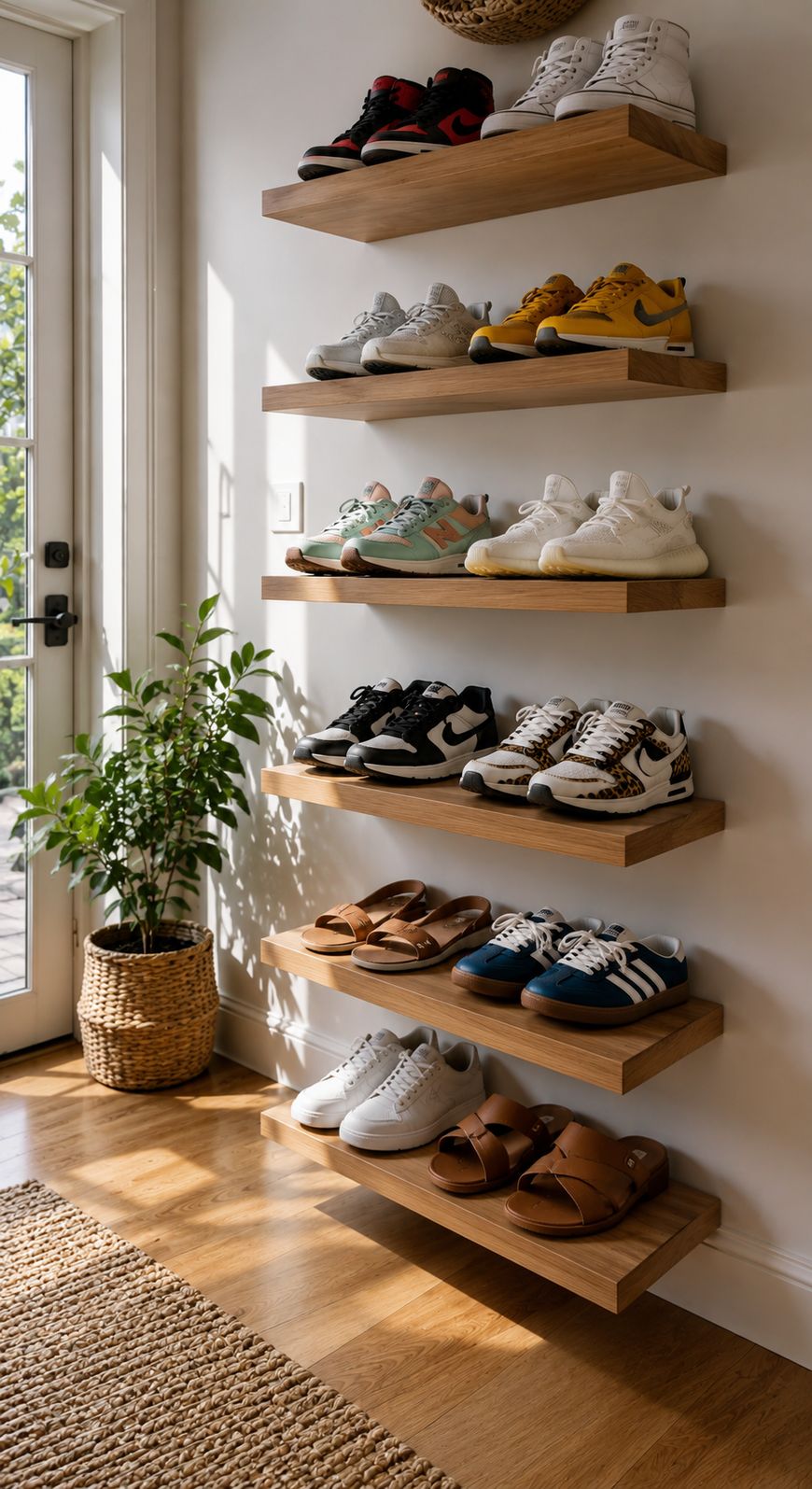 Five floating wooden shelves display various pairs of sneakers and sandals in a bright, modern room with a woven rug, potted plant, and sunlight streaming through a glass door.