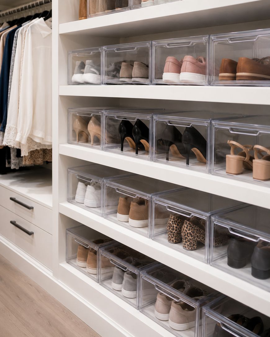 A neatly organized closet with clear plastic boxes storing various pairs of women’s shoes on white shelves; clothes hang on hangers to the left and drawers are visible below.