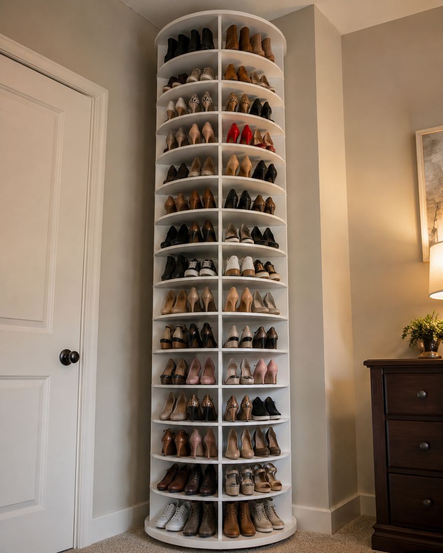 A tall, white, corner shelving unit filled with neatly organized pairs of women’s shoes in neutral colors, except for one pair of bright red heels, stands against a beige wall in a bedroom.