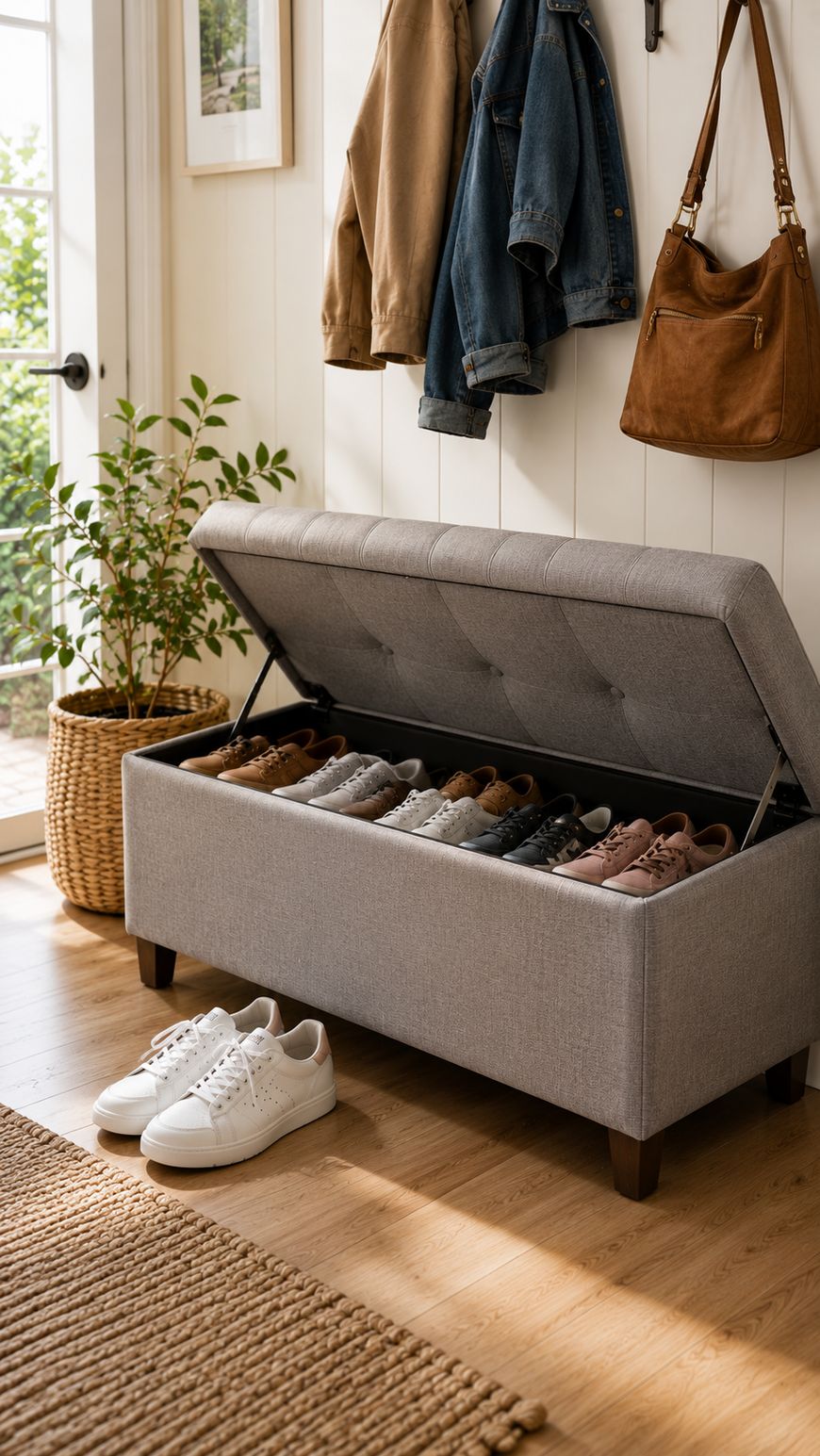 A gray upholstered storage bench with its lid open reveals neatly organized shoes inside. Two white sneakers are placed on a wooden floor nearby. Coats and a brown bag hang on wall hooks above. A potted plant stands to the left.