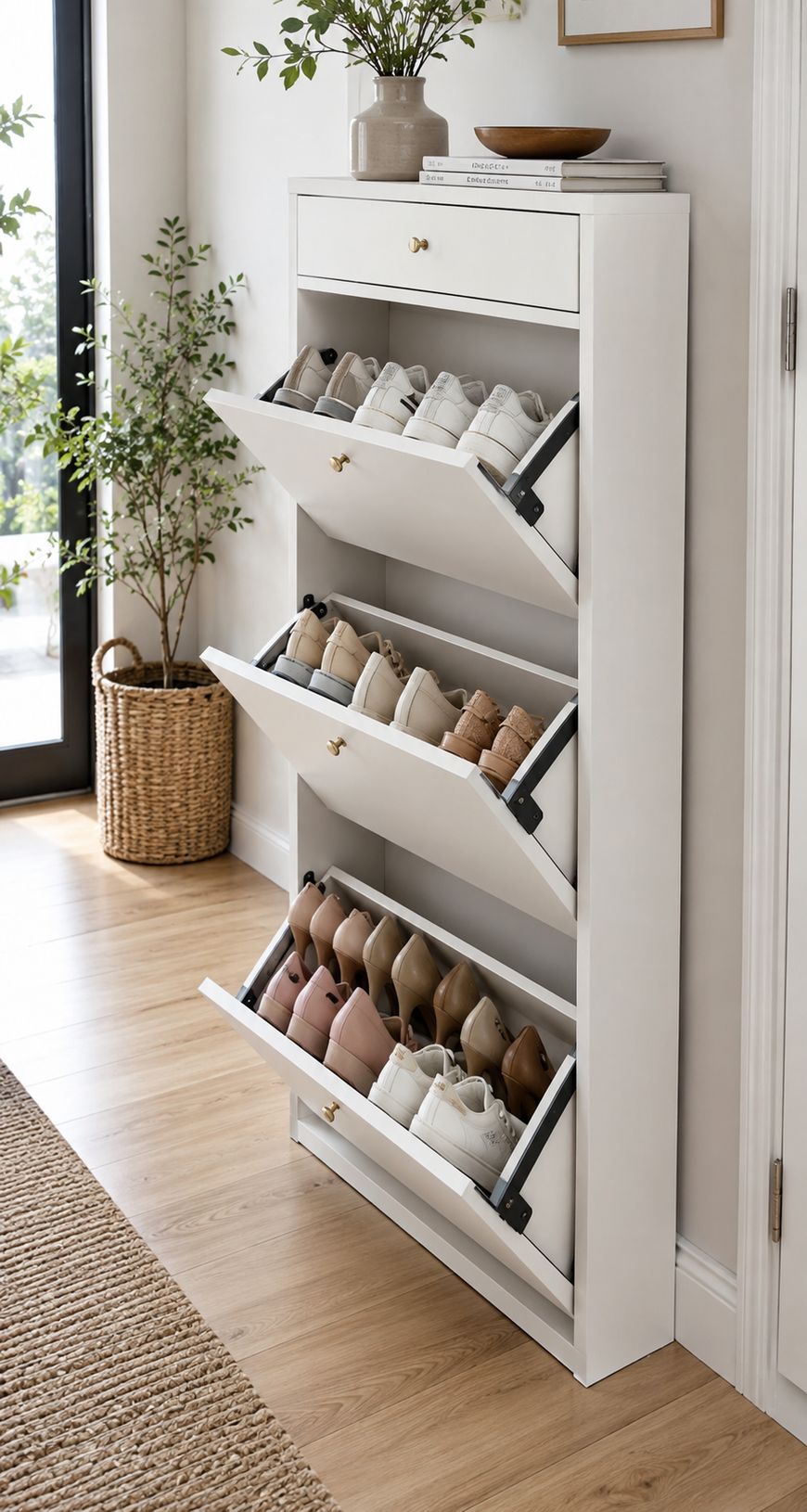 A white, modern shoe cabinet with three tilt-out drawers neatly holds various pairs of shoes in a bright, tidy entryway with wooden floors, a woven basket, and a potted plant nearby.