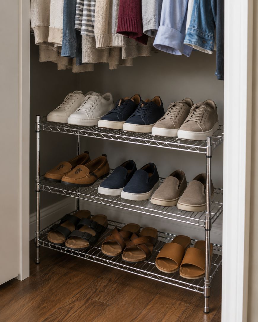 A closet with shirts and sweaters hanging above a three-tier metal shoe rack, neatly organized with various pairs of mens casual shoes, sandals, and loafers on a wooden floor.