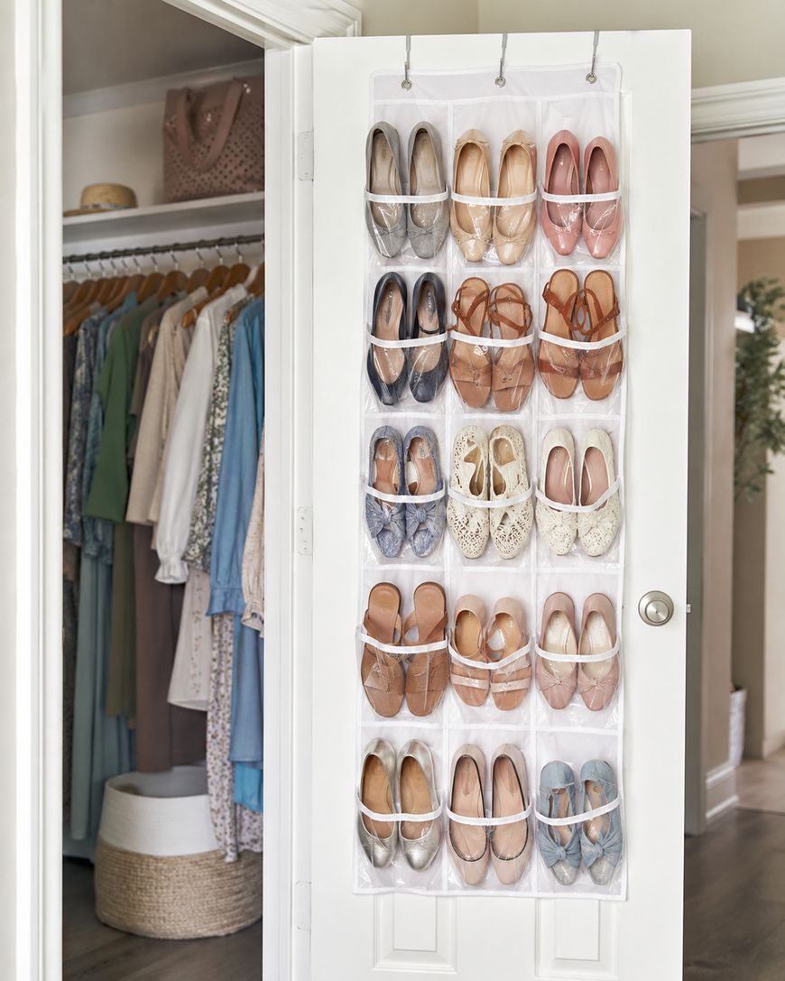 An over-the-door shoe organizer holds 18 pairs of shoes in various shades of beige, brown, pink, and blue. In the background, a neatly organized closet displays hanging clothes and a woven basket on the floor.