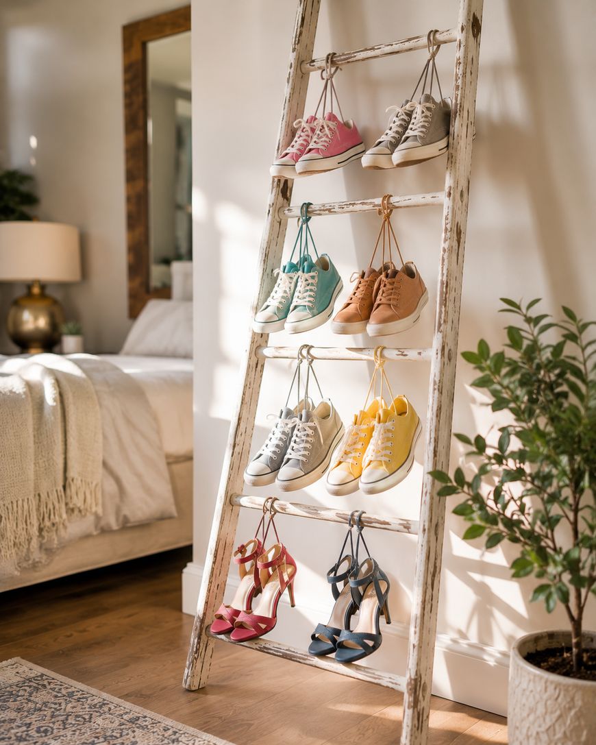 A distressed white wooden ladder leans against a wall, used as a shoe rack holding various colorful sneakers and two pairs of heels in a cozy, sunlit bedroom with plants and soft decor.