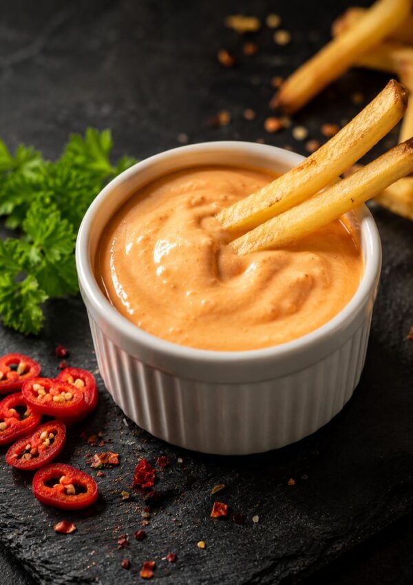 A small white ramekin filled with creamy orange dipping sauce, with two French fries dipped in it. Sliced red chili peppers and fresh herbs are nearby—delicious burger sides perfect as the best sides for burgers on a dark surface.
