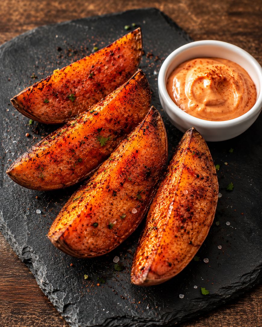 Four seasoned sweet potato wedges are arranged on a dark stone serving board with a small bowl of creamy, orange dipping sauce beside them. The potatoes are garnished with spices and coarse salt.