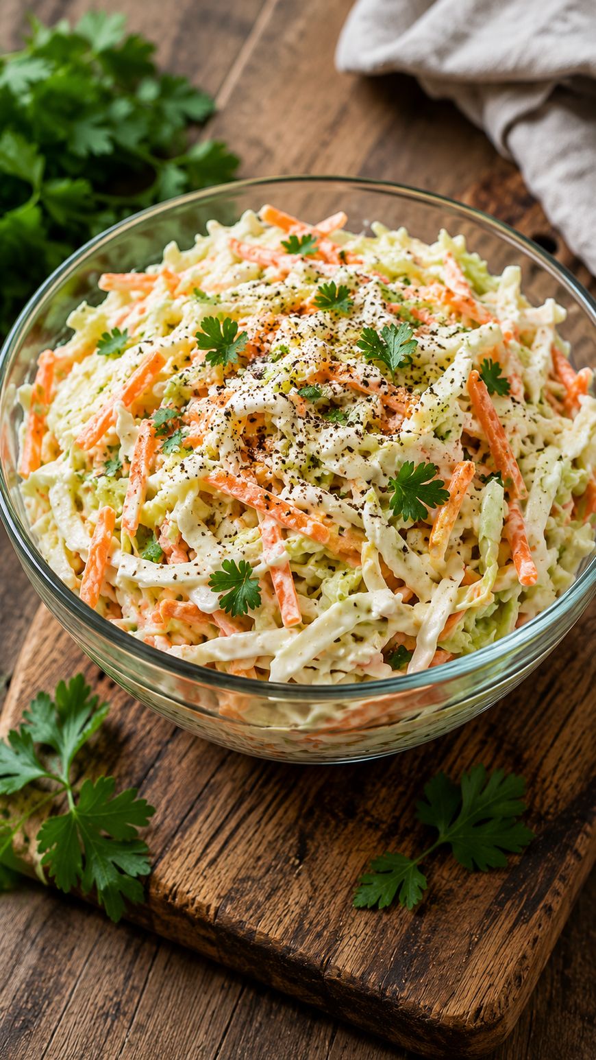 A glass bowl filled with creamy coleslaw made of shredded cabbage and carrots, garnished with parsley and sprinkled with black pepper, sits on a rustic wooden cutting board with fresh parsley nearby.