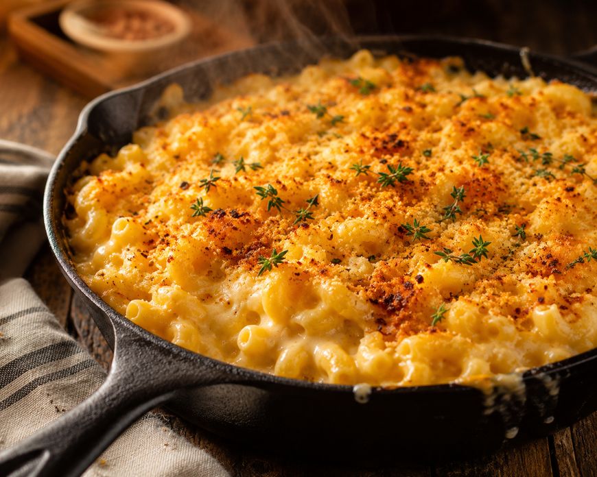 A cast iron skillet filled with baked macaroni and cheese, topped with golden, crispy breadcrumbs and garnished with fresh herbs, sits on a wooden table next to a striped cloth. Steam rises from the hot dish.