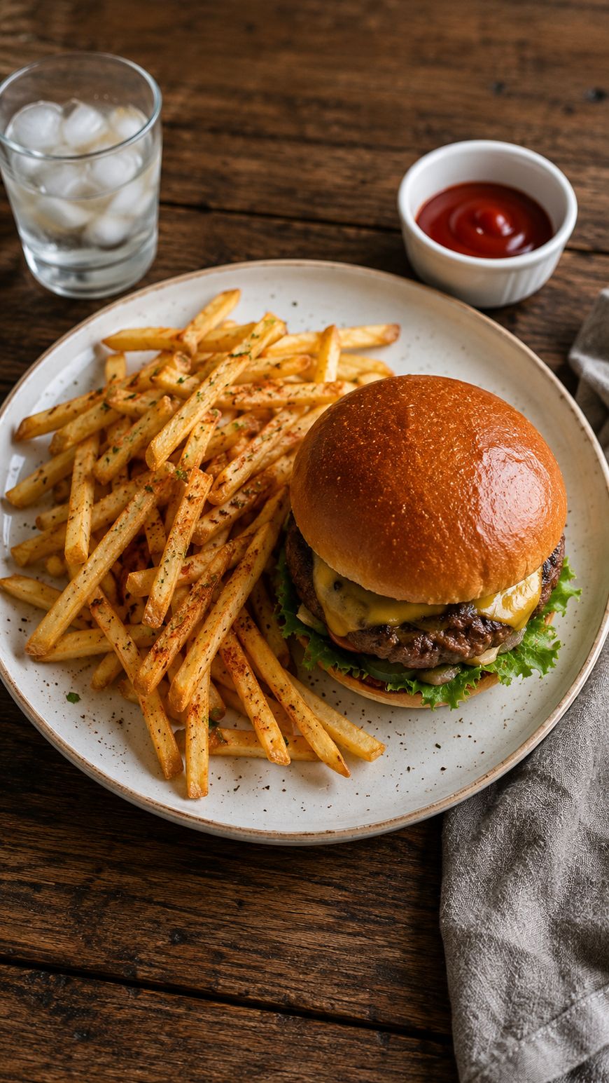 A plate with a cheeseburger on a brioche bun, lettuce, and a side of seasoned French fries. A glass of ice water and a small bowl of ketchup are next to the plate on a wooden table.