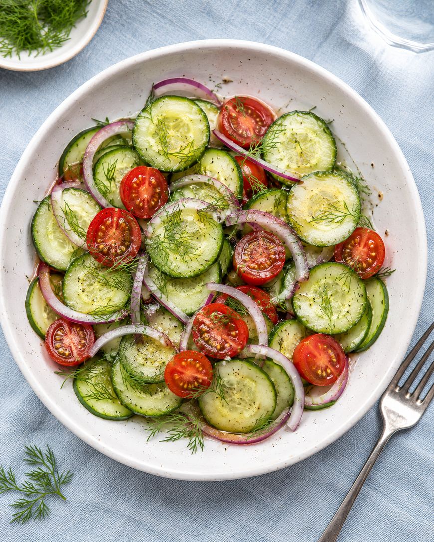 A white bowl filled with a fresh salad of sliced cucumbers, cherry tomatoes, red onion, and dill on a light blue tablecloth with a fork and sprigs of dill nearby.